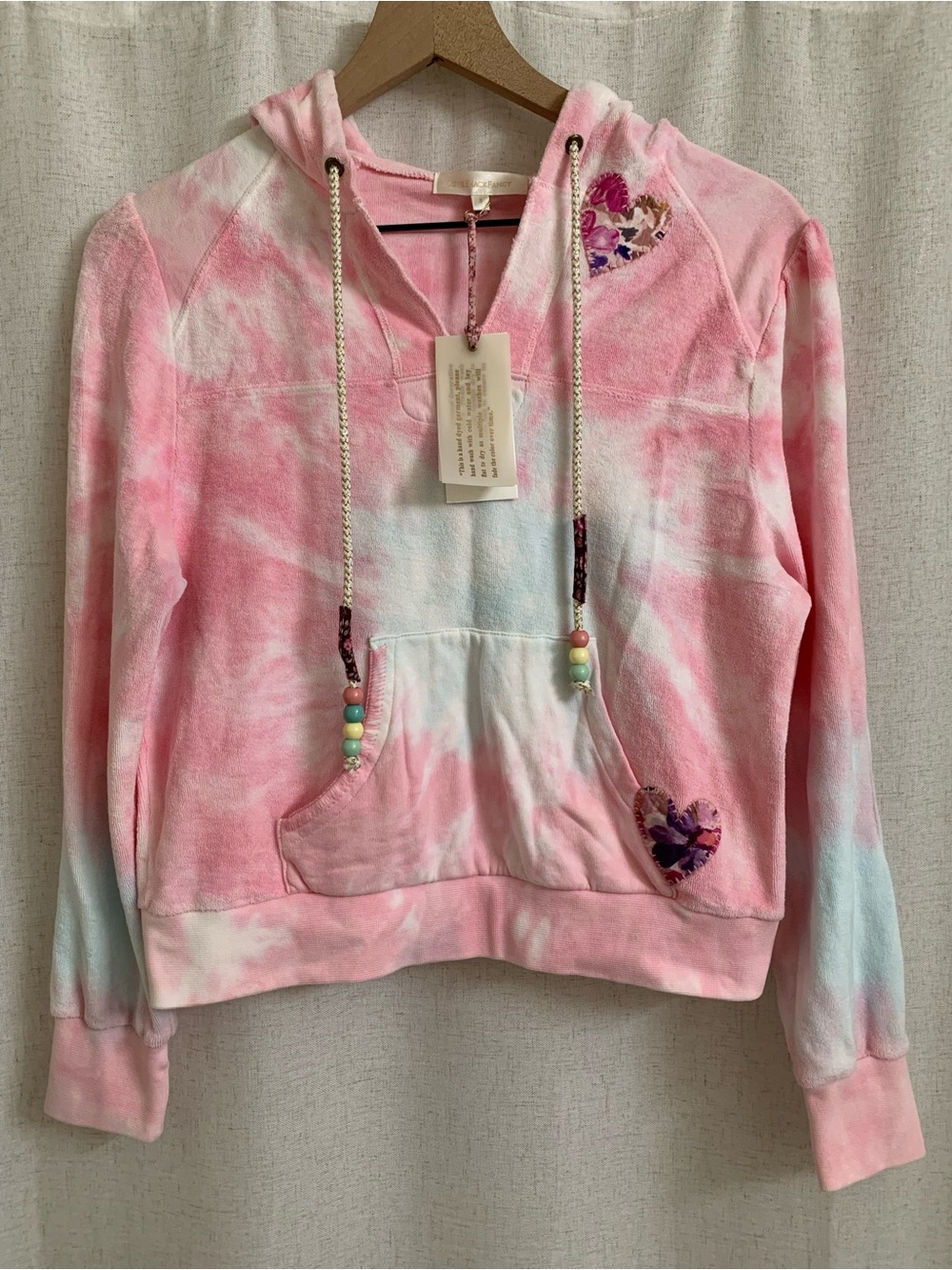LoveShackFancy 100% Cotton Pink Tie-Dye Terry Cloth Hoodie with Heart Appliqués